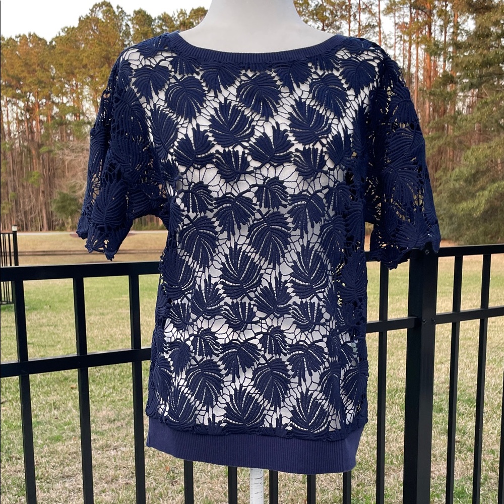 Lilly Pulitzer True Navy Royal Palm Knit Lace Top